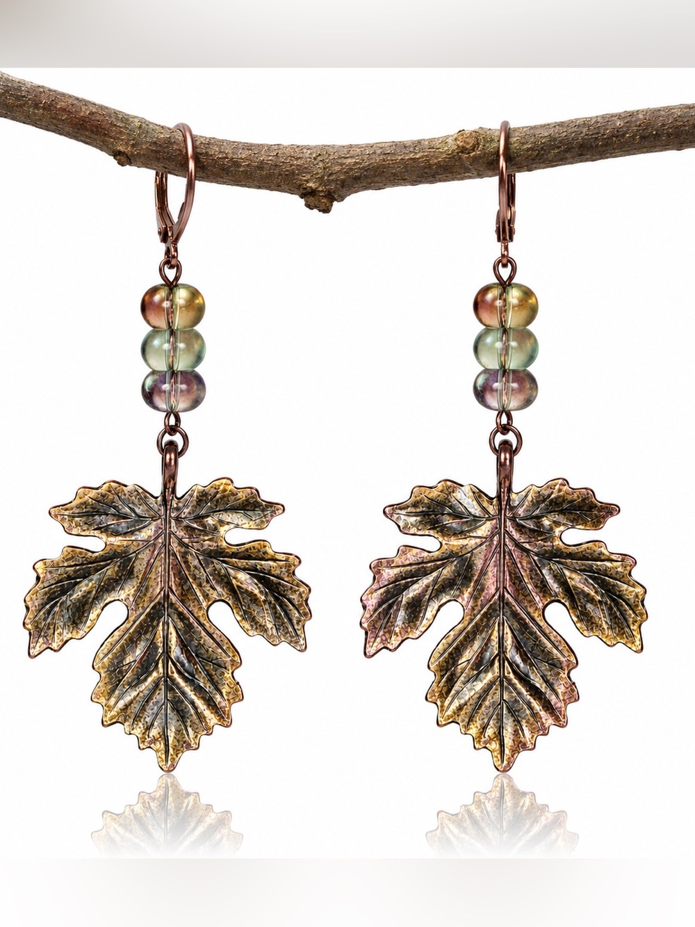 Rainbow Bronze Leaf Earrings • Iridescent Glass Dangles • Boho Nature Jewelry